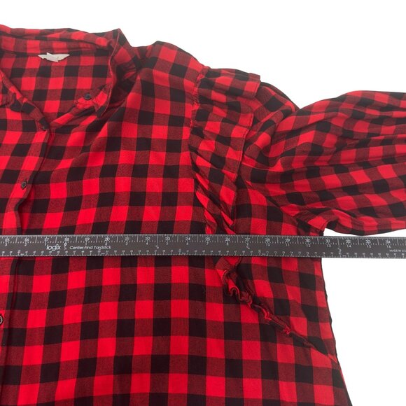 Cato Red & Black Plaid Button-Up Shirt With Ruffle Sleeves Womens Size 26/28W - Picture 5 of 12